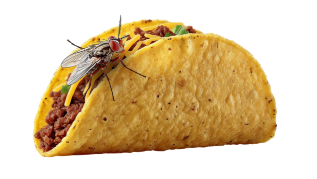 PNG of A close-up of a taco filled with seasoned meat, topped with a fly, representing a humorous take on fast food freshness.