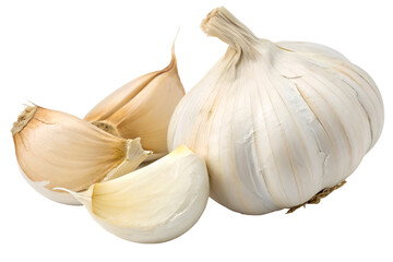 Obraz premium Fresh Garlic Bulbs and Cloves Isolated on White Background - A Staple Ingredient for Cooking and Culinary Delights