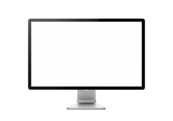 Sleek black desktop monitor, thin bezel, blank white screen, circular webcam, silver base on pristine minimalist studio, soft lighting, copy space. Concept of a blank slate technology