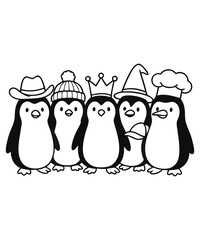 Obraz premium A black and white coloring page featuring adorable penguins delivering letters (with hearts on them) to a polar bear