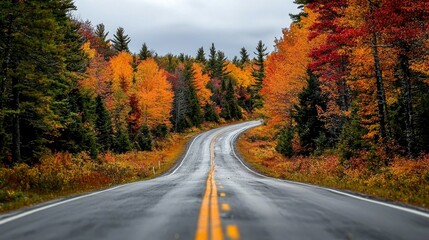 Fototapeta premium Autumn Road Winding Asphalt Through Vibrant Fall Foliage, Landscape Photography, Nature, Scenic Drive, Fall Colors Autumn, Landscape Photography