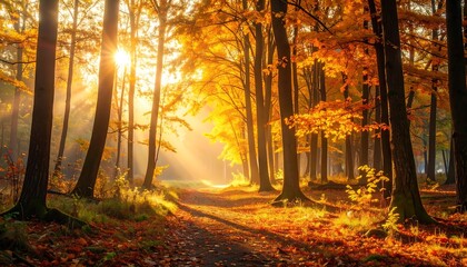 Autumn sunbeams through golden forest path