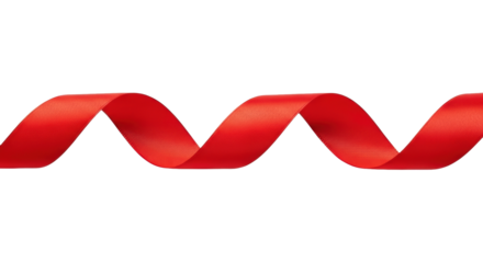 A single, vibrant red satin ribbon unrolled and elegantly flowing in graceful waves horizontally on a transparent background with subtle shadows, ample copy space. Concept of luxury and celebration