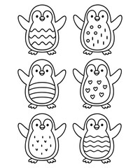 A black and white coloring page featuring adorable penguins delivering letters (with hearts on them) to a polar bear