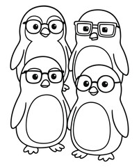 A black and white coloring page featuring adorable penguins delivering letters (with hearts on them) to a polar bear