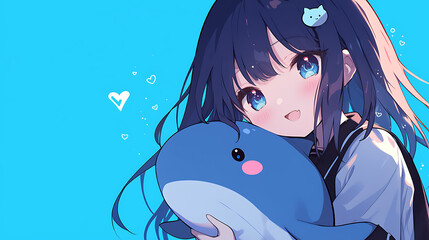 Cute little anime girl hugging a whale doll, simple illustration