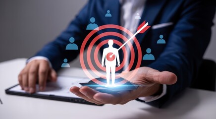 Strategic Precision: A businessperson's hand cradles a holographic display, showcasing the perfect alignment of a target and arrow, a symbol of precision, focus, and achievement.