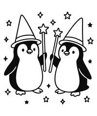 Obraz premium A black and white coloring page featuring adorable penguins delivering letters (with hearts on them) to a polar bear