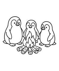 A black and white coloring page featuring adorable penguins delivering letters (with hearts on them) to a polar bear