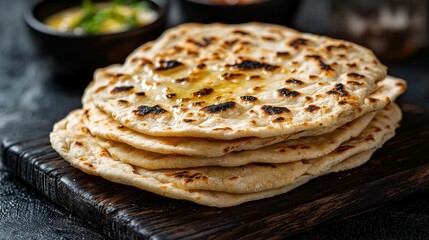 Buttery Grilled Naan Bread Stack Close-up Food Photography, Naan, Indian Food, Flatbread Naan, Flatbread