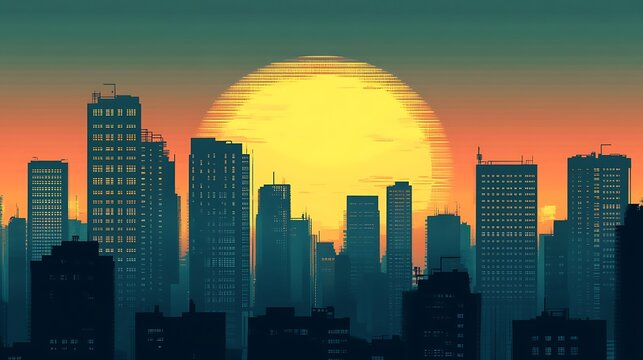 Pixelated Cityscape Silhouette at Sunset with Large Sun image (301) photo