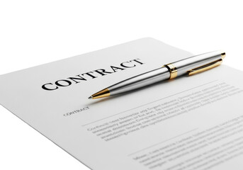 Formal legal contract document with "CONTRACT" and sleek silver pen with gold accents on transparent background, symbolizing agreement. Concept of trust and legal business
