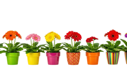Seven vibrant Gerbera daisy plants in colorful pots (orange, pink, yellow, red, fuchsia), arranged on a transparent seamless studio background with soft shadowless lighting, vibrant spring concept