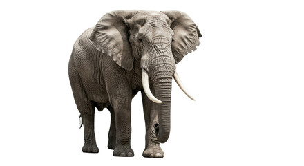 Obraz premium Adult African elephant bull with large tusks and wrinkled grey skin, walking forward against a stark white studio background with dramatic lighting, concept of powerful wildlife and natural grandeur