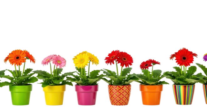 Seven vibrant Gerbera daisy plants in colorful pots (orange, pink, yellow, red, fuchsia), arranged on a transparent seamless studio background with soft shadowless lighting, vibrant spring concept