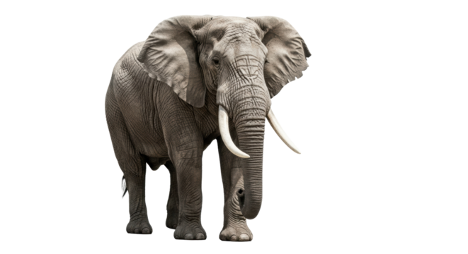 Adult African elephant bull with large tusks and wrinkled grey skin, walking forward against a stark white studio background with dramatic lighting, concept of powerful wildlife and natural grandeur