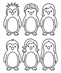 Fototapeta premium A black and white coloring page featuring adorable penguins delivering letters (with hearts on them) to a polar bear