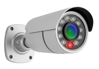 Close-up of a sleek, silver-gray bullet CCTV security camera with green-blue lens reflections and a glowing red indicator light, on a transparent background with copy space, concept of modern
