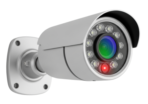Close-up of a sleek, silver-gray bullet CCTV security camera with green-blue lens reflections and a glowing red indicator light, on a transparent background with copy space, concept of modern