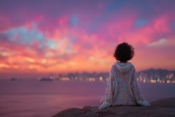 Child in colorful sweater sitting on rock watching vivid sunset over sea, dreamy horizon with city lights; ideal for inspirational campaigns, book covers, or creative projects.