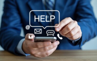 Digital Support at Your Fingertips: A businessperson expertly uses a mobile device with a vibrant help overlay.