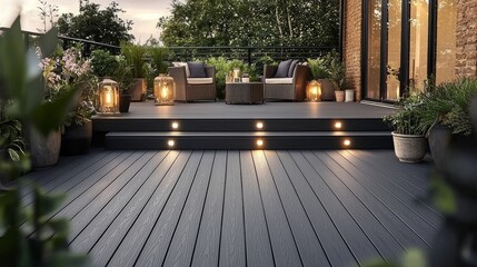 Dark Grey Composite Decking Design Evening Ambiance, Outdoor Patio, Luxury Landscape, , outdoor lighting, composite decking