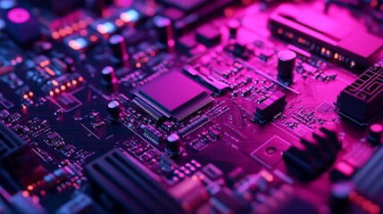 Macro view of a purple and pink illuminated circuit board with microchips technology photo