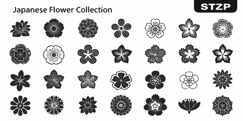 Collection of japanese floral motifs in black and white silhouette style