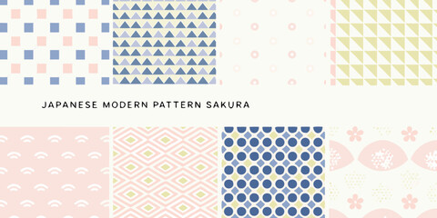 Collection of eight modern japanese inspired seamless patterns in pastel colors