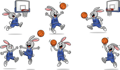 Cartoon Rabbit Basketball Character Set Featuring Action Poses and Sporty Humor for Youth, Sports, and Entertainment Design Projects