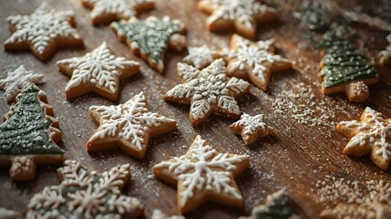 Festive Christmas Cookies with Snowflake and Tree Designs on Wooden Surface