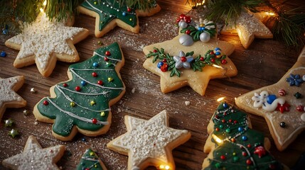 Festive christmas sugar cookies shaped like stars and trees arrangement