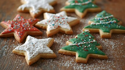 Festive christmas sugar cookies, decorated with icing and colorful sprinkles