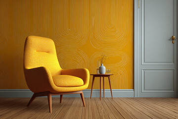 Mustard yellow wallpaper with wooden flooring, modern minimalist interior decor