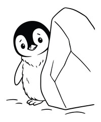 A black and white coloring page featuring adorable penguins delivering letters (with hearts on them) to a polar bear