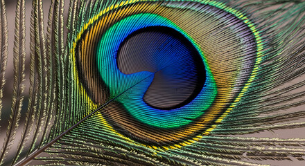 Obraz premium Macro view of a vibrant peacock feather showcasing intricate iridescent blue, green, and gold eye pattern with delicate barbs