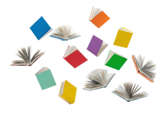 Multiple vibrant books, open and fanned, suspended in dynamic mid-air array on a transparent studio background with copy space, symbolizing the boundless flow of knowledge.