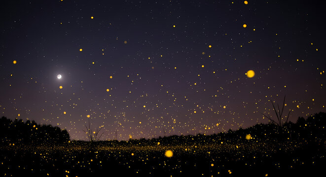 Enchanting night scene with glowing fireflies illuminating a dark landscape under a moonlit starry sky, creating a magical ambiance. - Powered by Adobe