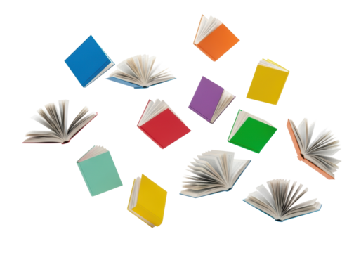 Multiple vibrant books, open and fanned, suspended in dynamic mid-air array on a transparent studio background with copy space, symbolizing the boundless flow of knowledge.