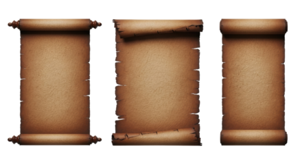 Aged brown parchment scrolls and a torn sheet, showing rich textures, on a transparent background with copy space, concept of historical documents.