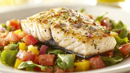 Grilled Halibut with Summer Salsa Close-up Food Photography, Recipe, Seafood Dish Halibut, Summer Salsa