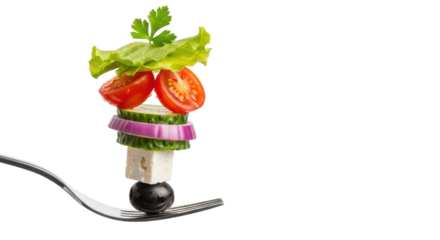Polished silver fork holding perfectly stacked fresh salad ingredients (lettuce, tomato, feta, parsley) on a transparent background, healthy eating concept