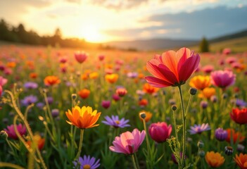 Colorful Wildflower Fields in Full Spring Bloom with Bright Petals and Lush Greenery