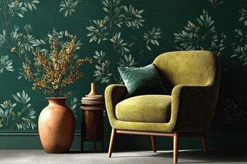 Emerald green botanical wallpaper with warm-toned furniture, modern interior decor