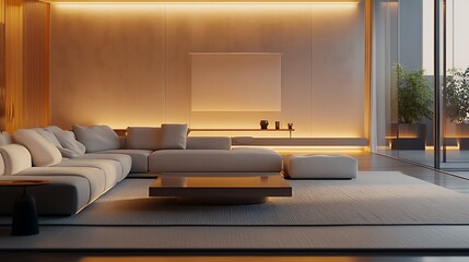 Modern Living Room With photo White Sectional Sofa And Warm Ambient Lighting white sofa