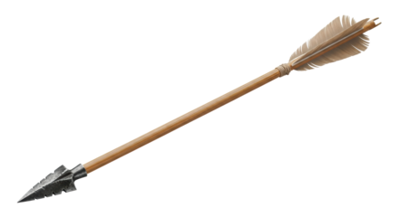 Ancient-style arrow with light brown wooden shaft, dark aged metal arrowhead, and natural feather fletching, isolated on transparent with copy space, concept of aim and accuracy