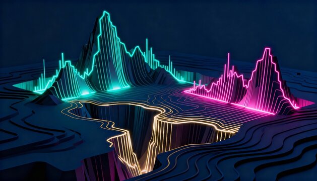 Abstract digital landscape featuring glowing, colorful, topographical data visualizations, highlighting a deep chasm. - Powered by Adobe