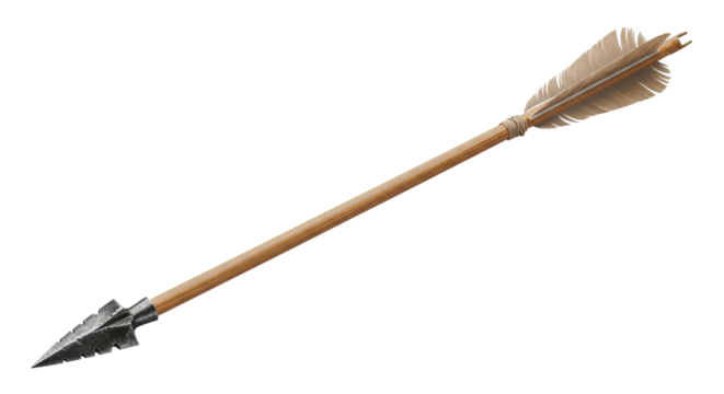 Ancient-style arrow with light brown wooden shaft, dark aged metal arrowhead, and natural feather fletching, isolated on transparent with copy space, concept of aim and accuracy