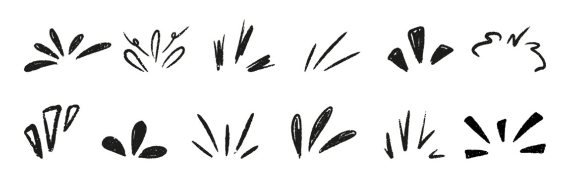 Comic burst doodles. Line twinkle icon with manga effect and chalk sunburst, surprise element. Hand drawn sun shine, sparkle rays and pencil starburst for attention mark design. Vector illustration