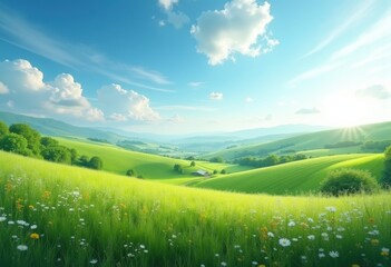 Obraz premium Idyllic Countryside Landscape with Lush Rolling Green Hills and Clear Blue Sky Serenity